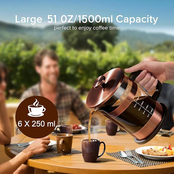 QUQIYSO French Press Coffee Maker 51oz, Large French Press, Thickened Glass | Borosilicate Glass Plastic Free Coffee Maker, Easy to Clean,4 Filter, Coffee Press Suitable for Kitchen Party Camping(Copper)