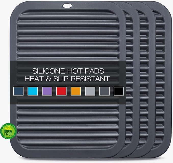 4 PCS Silicone Trivet for Hot Dishes, Silicone Hot Pads Trivets Mat for Hot Pots and Pans, Heat Resistant Hot Mats, Pot Holders, Tables Mats for Countertop, Jar Opener, Drying Mat (Dark Grey)