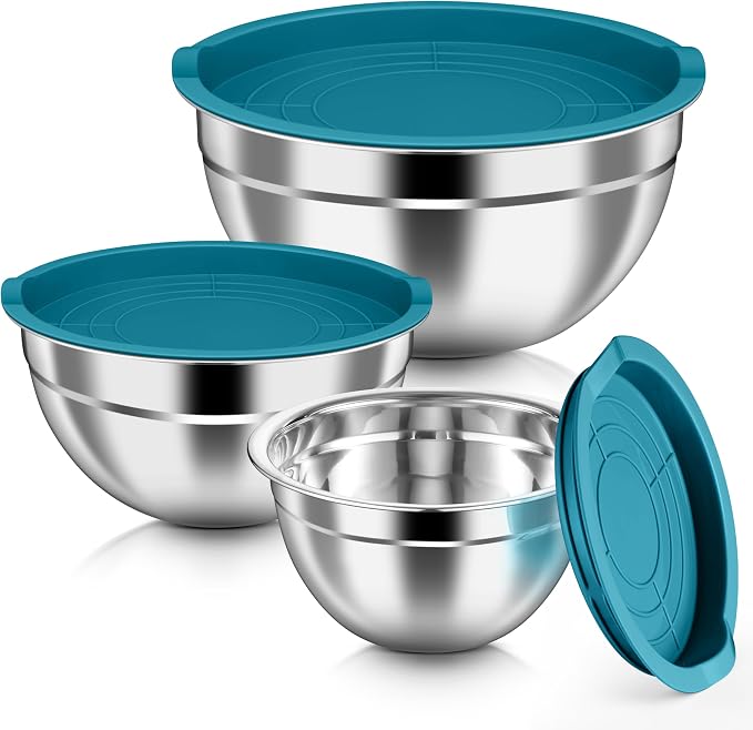 HaWare Mixing Bowls with Airtight Lids, 6-Piece Stainless Steel Salad Bowls | Strong Nesting Bowls for Cooking, Prepping, Baking, Serving & Food Storage, Stackable Design, Size 4.6, 3, 1.5QT, Teal Blue