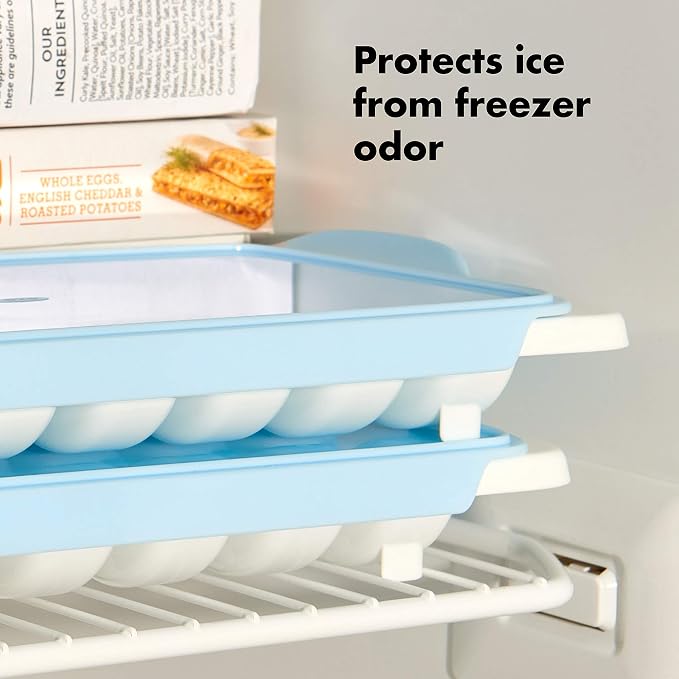 OXO Good Grips Flexible Ice Cube Tray with Lid - 2 Pack, Blue & White | Spill-Proof Lid, Freezer Storage, Kitchen Accessory, Twist To Release, Easy For Stacking, Dishwasher Safe