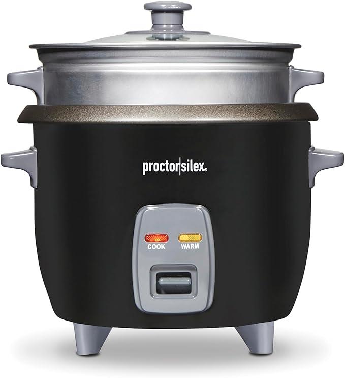 Proctor Silex Rice Cooker & Food Steamer, 6 Cups Cooked (3 Cups Uncooked) | Includes Aluminum Steam and Rinsing Basket , Measuring Cup & Spatula| Easy 1 Touch Controls | Black | 37510MN