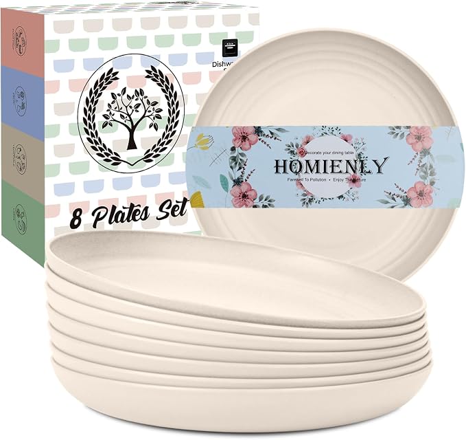 Wheat Straw Plates 8 PCS Unbreakable Dinner Plates - 10 inch Dishwasher & Microwave Safe Plastic Plates Reusable Lightweight Roud Plates, Plates for Kitchen, Dinner, Outdoor,Picnic (Beige)