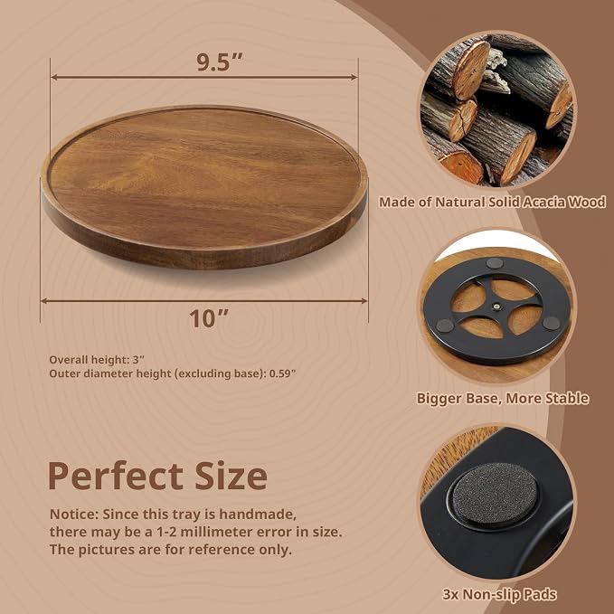 10” Acacia Wood Lazy Susan Turntable Organizer for Cabinet - Round Wooden Lazy Susan Organization and Storage for Pantry Table Kitchen Countertop Cupboard Coffee Bar Farmhouse Decor