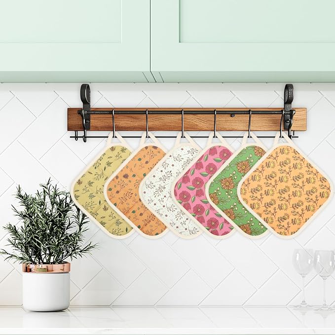 6 Pack Pot Holders 100% Cotton Heat Resistant Potholder, Machine Washable Pot Holder, Hot Pads, Table Pads for Cooking Baking (H)