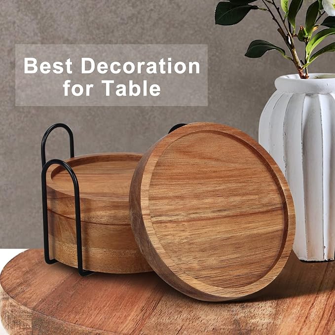 Wood Coasters Set of 4 Farmhouse Outdoor Coster for Drink Patio Table Decor | Cute Wooden Coaster with Holder Rustic Coffee Bar Accessories Kitchen and Dining Room Decoration Aesthetic Cool Cup Coasters