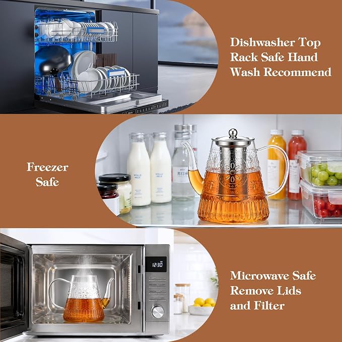 1500ml/52oz Large Glass Teapot, Zpose Vintage Tea Pot with Infuser for Loose Tea, Stovetop Glass Tea Kettle with strainer for 6-7 Cups