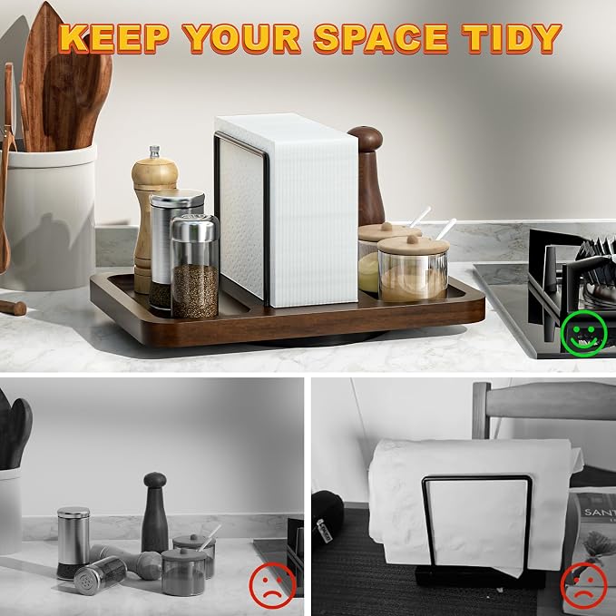 Rotating Napkin Holder for Table with Salt and Pepper Shakers Caddy | Standing Napkin Dispenser, Wood Paper Towel Holder for Bathroom Kitchen Dining Table Decor