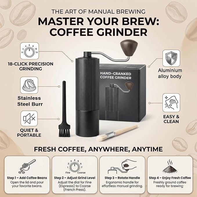 Manual Hand Coffee Grinder with Stainer, Adjustable 40mm Stainless Steel Burr, Portable Hand Crank Coffee Mill, 30g Capacity for Espresso, Turkish & French Press, Aluminium Body with Walnut Handle