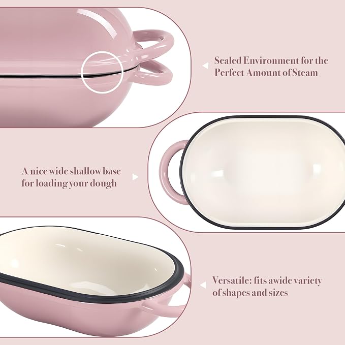 2 QT Oval Dutch Oven for Bread Baking,Enamelled Cast Iron Bread Oven for Sourdough, Sourdough Loaf Pan with Lid, Heavy-Duty Non Stick Bread Pan for Homemade Bread Baking, Pink
