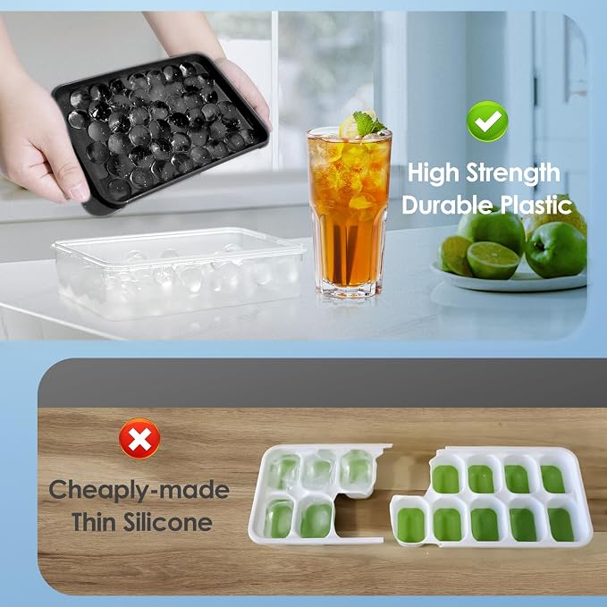 Ice Cube Tray with Lid and Bin, 0.8" Round Ice Trays for Freezer | 2 Black Ice Cube Trays with Ice Box & Tong, 0.8" Round Ice Balls for Iced Coffee & Juice, Easy Twist Release, For Gatherings