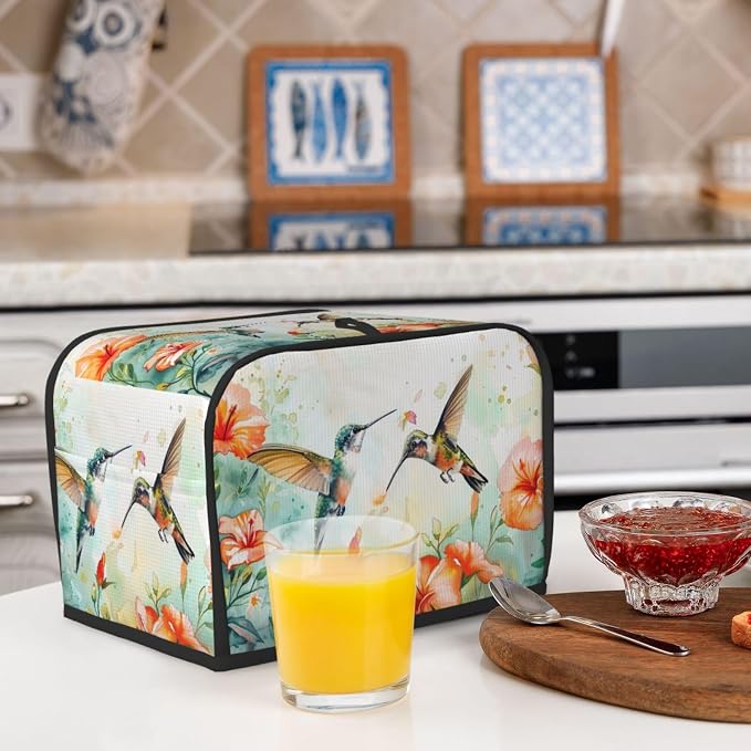 2 Slice Toaster Cover Hummingbird Flower Watercolor Dust Proof Washable Kitchen Appliance Cover with Pocket, Oxford Fabric Countertop Toaster Protector for Standard Toasters Small Appliances