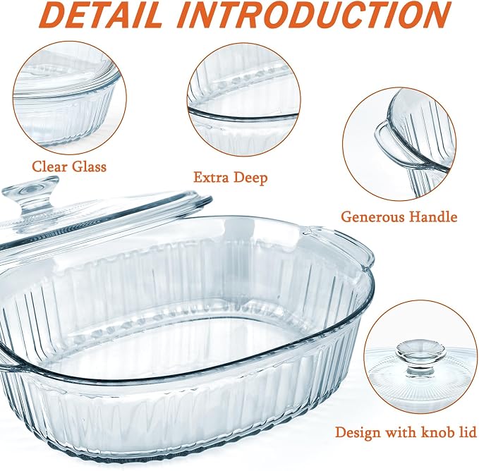 Reasim 2.8L/3Qt Glass Casserole Baking Dish with Lid, Large Oval Glass Casserole Dish with Lid,Mixing Bowl Food Container,Oven,Freezer&Microwave Safe,Clear Container