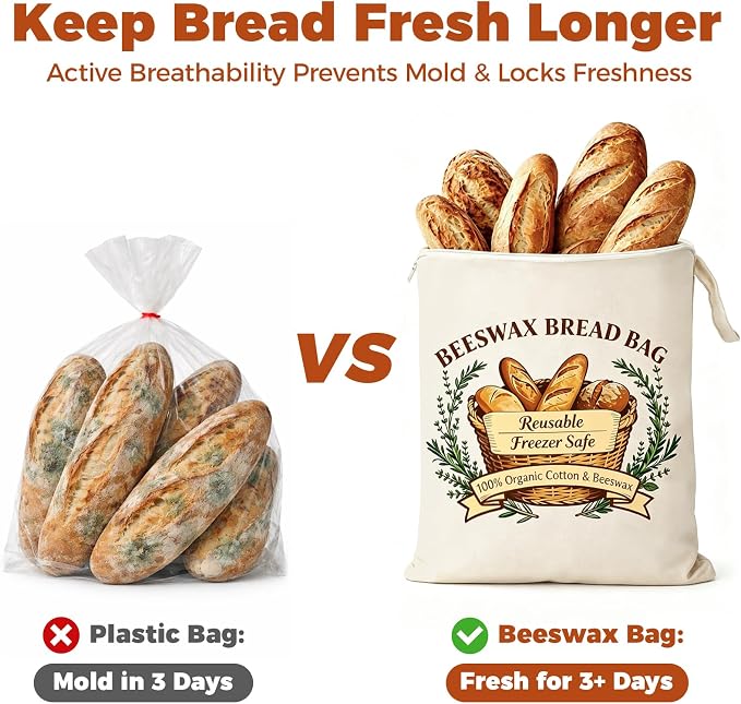 Beeswax Zipper Bread Bags XL Reusable 2 Packs With 1 Cover & 6 Paper Tags | Beeswax Bread Bags with Zipper Seal – Extra Large 13"x17", Reusable, Breathable Cotton Linen Sourdough Bags