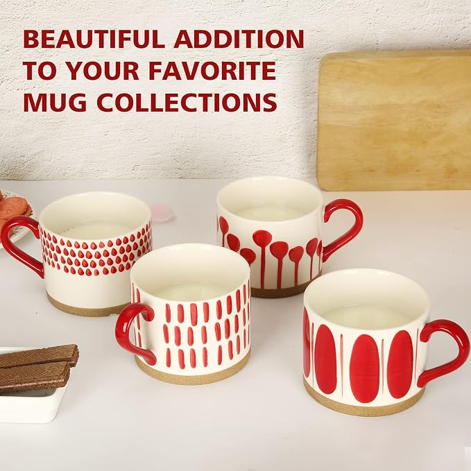 Koja Colorful Hand Painted Ceramic Mugs, 16 oz, Set of 4, Dishwasher Safe | Also microwave safe. Colorful hand painted set makes a great gift for coffee or tea lovers.