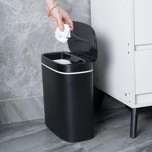 Sooyee 14 Liters Automatic Bathroom Trash Can with Lid, 3.6 Gallon Touchless Sensor Trash Can for Kitchen, Office, Bedroom, Bathroom, Living Room, Black Plastic