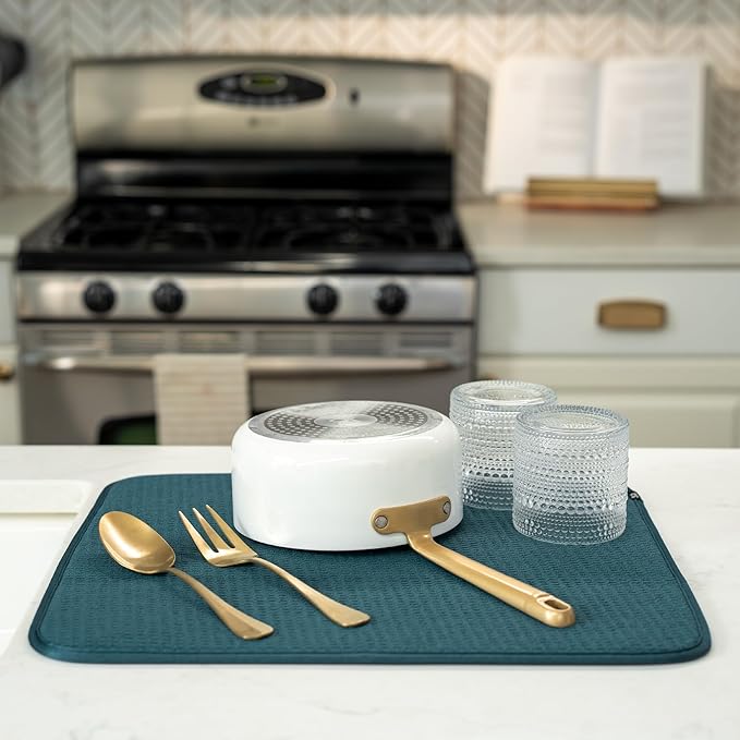 S&T INC. Dish Drying Mat, 16" x 18", Large, Tapestry Blue | Absorbent Microfiber, Kitchen Counter Mat for Dishes, Utensils, Pots and Pans, Machine Washable