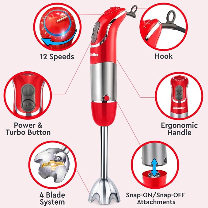 Mueller Multistick 5-in-1 Immersion Blender Handheld, 12-Speed Hand Mixer | Turbo Boost, Heaviest Duty Copper Motor, Titanium Blades Hand Blender, Milk Frother Wand, Whisk, Beaker, Chopper, Red