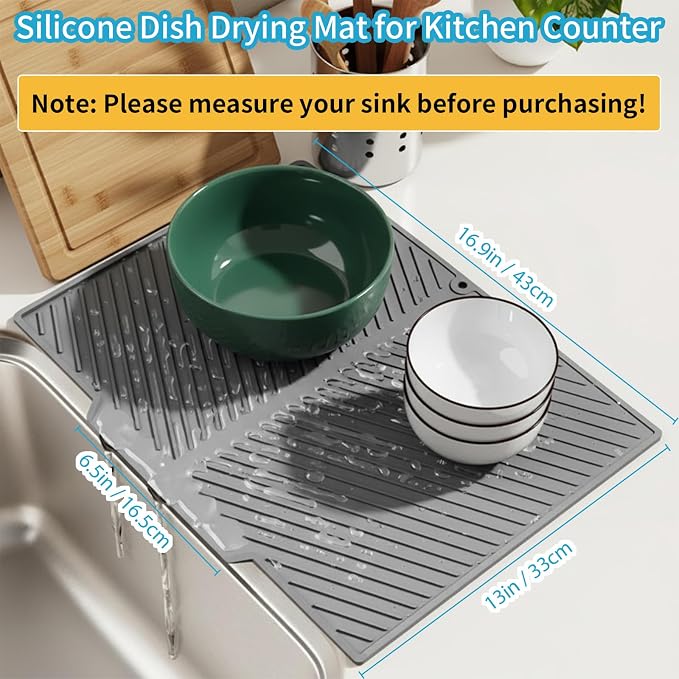 Silicone Dish Drying Mat for Kitchen Counter with 6.5" Built-in Drain Lip & Hanging Hole, Quick-Dry, Heat-Resistant, Non-Slip Stone Drying Mat, Easy to Clean and Drain Board (Grey, 16.9" x 13")