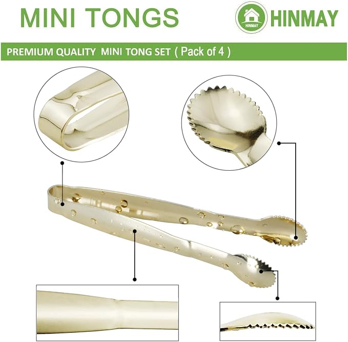 HINMAY Mini Serving Tongs 5 Inches Appetizer Tongs, Set of 4 (Gold)