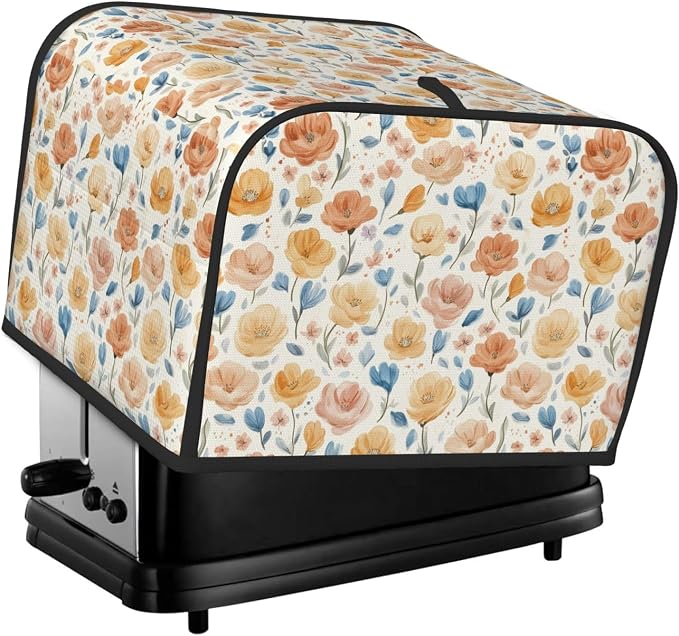 4 Slice Toaster Cover Flower Pattern Vintage Dust Proof Washable Kitchen Appliance Cover with Pocket, Oxford Fabric Countertop Toaster Protector for Standard Toasters Small Appliances
