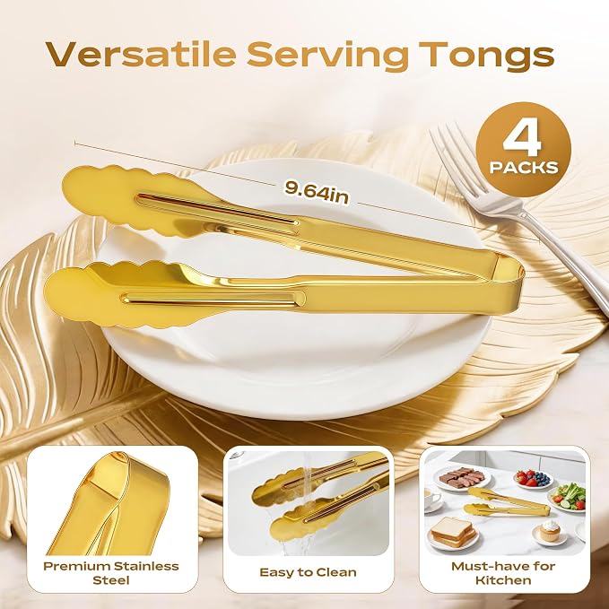 4 Pack Stainless Steel Serving Tongs, 9 Inch Gold Salad Tongs Serving Utensils Buffet Tongs Gold Plated Heavy Duty Reusable Metal Kitchen Clips for Salad, Snack, Barbecue, Catering, Wedding, Party