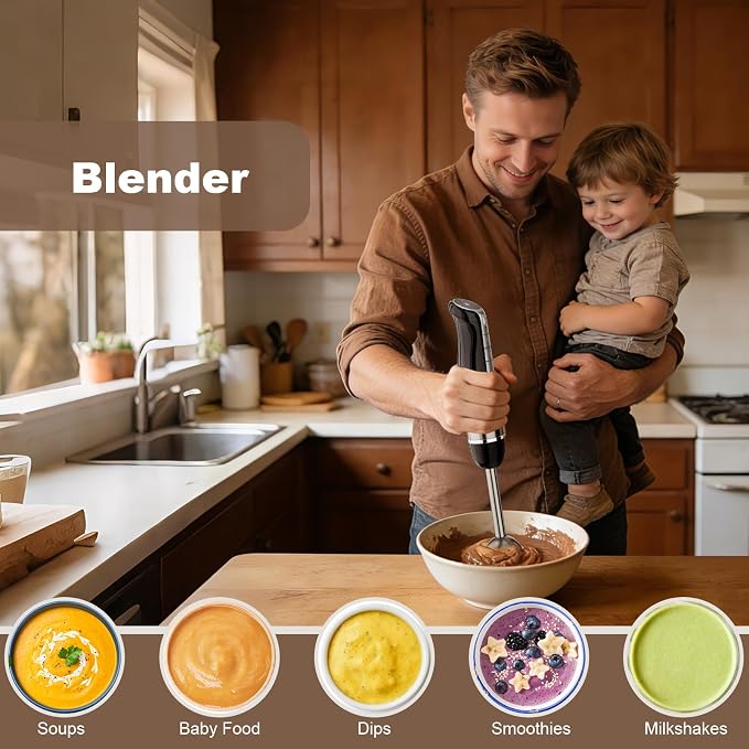 Camic Hand Blender, Cordless Immersion Blender with 6 Speeds, 4 in 1 Portable Mixer Electric Handheld Mixer with Blender, Chopper, Whisk, Frother for Soup, Smoothies, Baby Food and Puree (Black)
