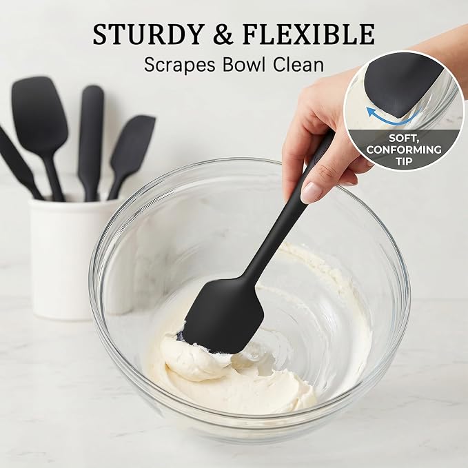 Coukre Silicone Spatula Set of 7, BPA Free Food Grade Silicone Cooking Utensils, Heat Resistant Kitchen Tools for Nonstick Cookware, Dishwasher Safe Spatulas for Cooking and Baking（7,PureBlack）