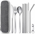 9 Pcs Portable Utensils Set Metal Straws Travel Cutlery Case Fork Spoon | Stainless Steel Utensils with Metal Straws & Cleaning Brush, Bottle Opener and Chopsticks, for Lunch Box Office & Travel