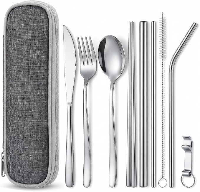 9 Pcs Portable Utensils Set Metal Straws Travel Cutlery Case Fork Spoon | Stainless Steel Utensils with Metal Straws & Cleaning Brush, Bottle Opener and Chopsticks, for Lunch Box Office & Travel