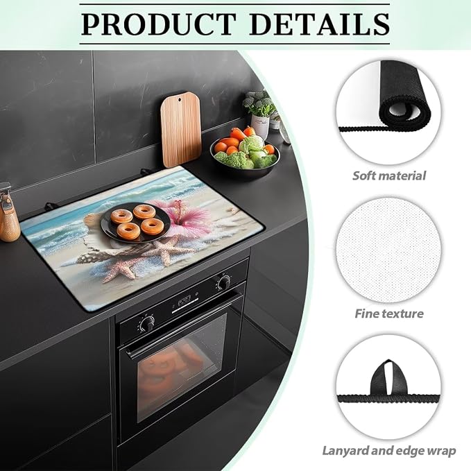 Beach Starfish Seashell Flower Stove Cover 30"x21" Heat Resistant Multi-Functional Counter Protector Non-slip Waterproof Mat for Glass Stovetop Protector Easy to Clean