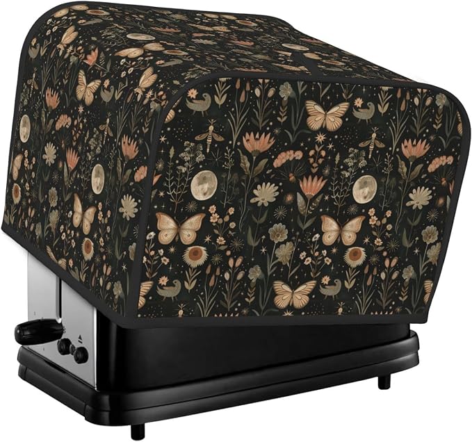 4 Slice Toaster Cover Vintage Butterfly Moon Flower Dust Proof Washable Kitchen Appliance Cover with Pocket, Oxford Fabric Countertop Toaster Protector for Standard Toasters Small Appliances