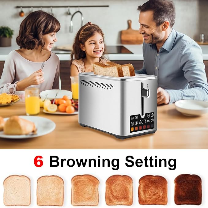 Touch Screen Toaster 2 Slice, Bagel Toaster with LCD Display, Stainless Steel Smart Digital Toasters with +15s Boost,Dual Memory Functions,Toasters with 6 Shade Settings & Extra-Wide Slots,900W