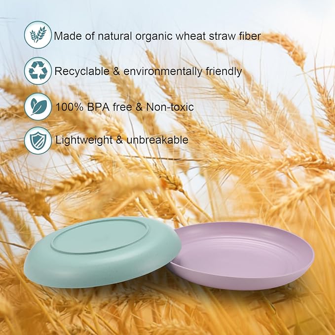 HEYCOME 12 Pcs Unbreakable Deep Dinner Plates Set, 9 inch Reusable Plastic Wheat Straw Plates, Microwave and Dishwasher Safe Plate for Kitchen, Lightweight Plate for Dessert, BPA Free, 6 Colors