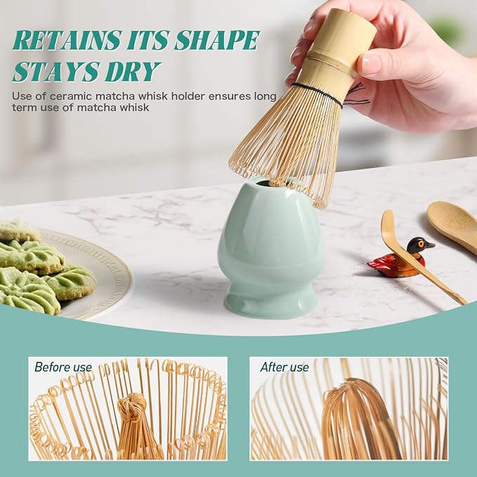 Matcha Whisk Set: Matcha Set with Bamboo Matcha Whisk and Ceramic Holder,Bamboo Scoop+Wooden Spoon,Scoop Holder,Sifter - Cute Matcha Tea Set - 6 Pcs Matcha Kit - Tools for Matchas Ceremonial Grade Kit