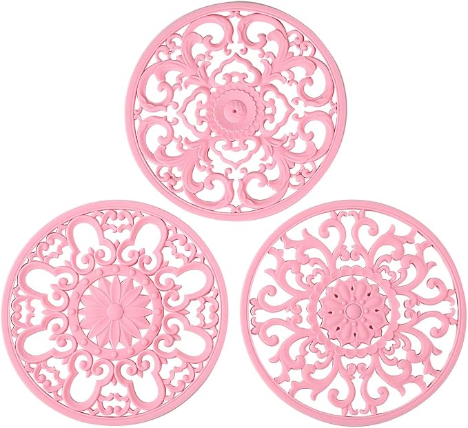 Extra Thick Silicone Trivet Mat for Hot Dishes, Hot Pots and Pans, Pot Holder, Hot Pad to Protect Your Table and Countertop, Kitchen Decor and Accessories,Pink,Set of 3
