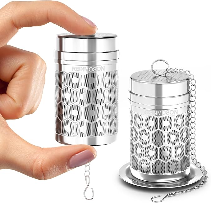 2 Pack Reinmoson Mini Stainless Steel Tea Strainer for Loose Tea 1.2”x2.2” | Extra Fine Mesh Tea Infuser for Loose Leaf Tea Steeper, Updated Slim Threaded Lid Tea Ball for Cup Mug Teapot Bottle Kettle