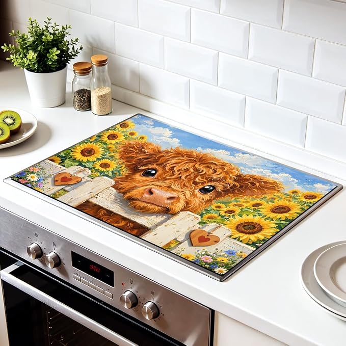 Highland Cow Stove Top Cover, Sunflower Farmhouse, 28x20 in | Baby highland cow over white fence in a sunflower field; non-slip mat; protects glass and electric cooktops; 28.4 x 20.5 in