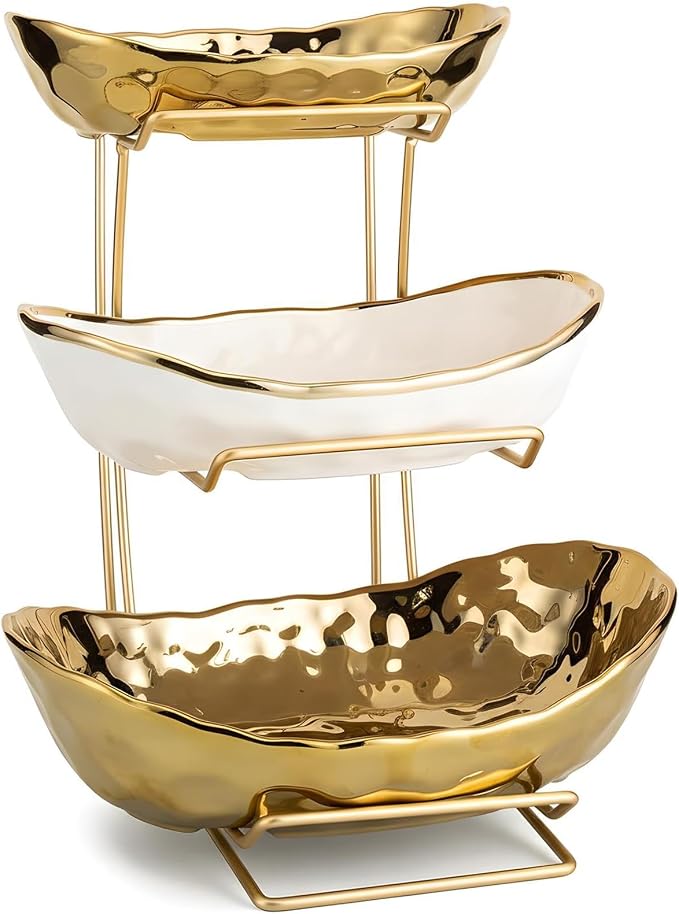 3-Tier Gold Fruit Bowl & Tray with Metal Stand - Ceramic White, Triple Layer for Snacks, Nuts, Bread & Candy Storage