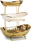 3-Tier Gold Fruit Bowl & Tray with Metal Stand - Ceramic White, Triple Layer for Snacks, Nuts, Bread & Candy Storage
