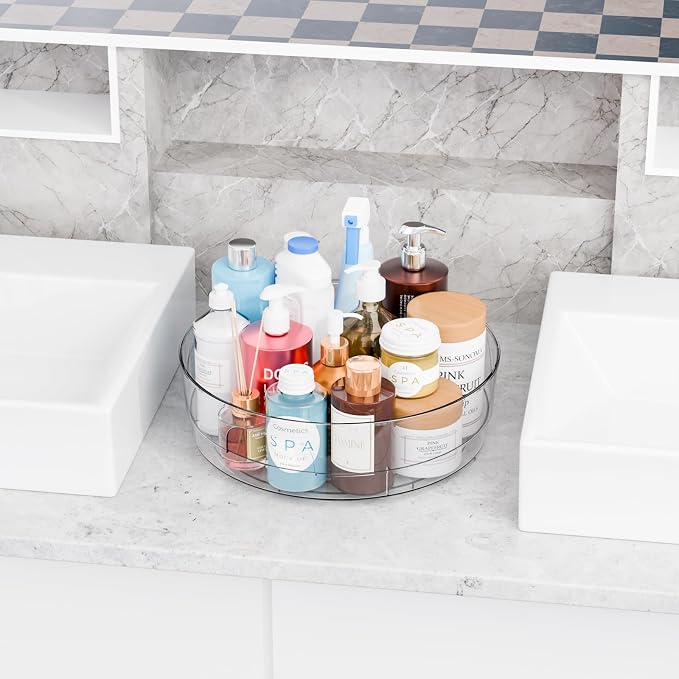 12" W Clear Acrylic Lazy Susan Turntable for Refrigerator,Cabinet - with Handle - 2 Pack Large Fridge Sauce Condiment Turn Table Organizer,Spinning Round Spice Rack Carousel for Pantry,Kitchen