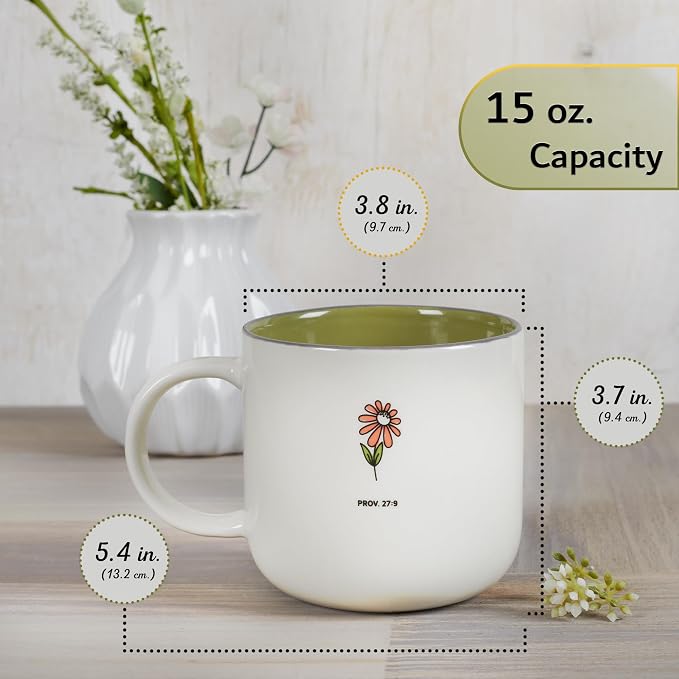 Christian Art Gifts Large Ceramic Coffee & Tea Mug for Women & Friends: Sweet Friendship - Proverbs 27:9 Scripture, Cute Microwave/Dishwasher Safe Floral Cup, Sage Green/White, 15 oz. (Pack of 2)
