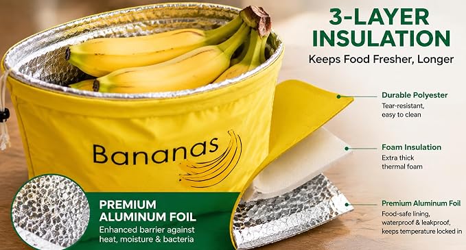 2 Pcs Banana Storage Bag with Aluminum Lining, Quick Seal Drawstring Pouches 13.7x11" for Banana & Lettuce, Reusable Produce Saver Pouches Slow Ripening for Fridge, Home Storage