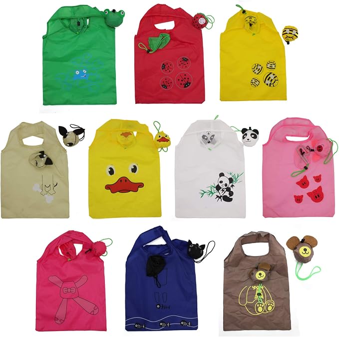 10PCS Animals Folding Shopping Bags Reusable Shopping Tote Compact Eco Bags | Reusable Grocery Bags Foldable Machine Washable Reusable Shopping Bags,Lightweight Polyester Fabric