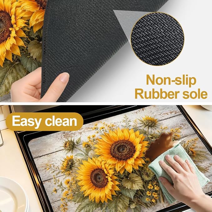 Sunflower Farmhouse Stove Top Cover for Electric Gas Glass Stove | Sunflower kitchen decor, yellow floral; non-slip stovetop cover, glass cooktop noodle board, rustic fall counter mat