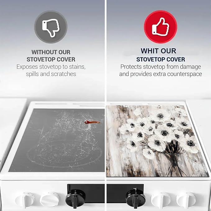 HOMETITUTE White Floral Rustic Stove Top Cover 28x20 Diatomite Mat