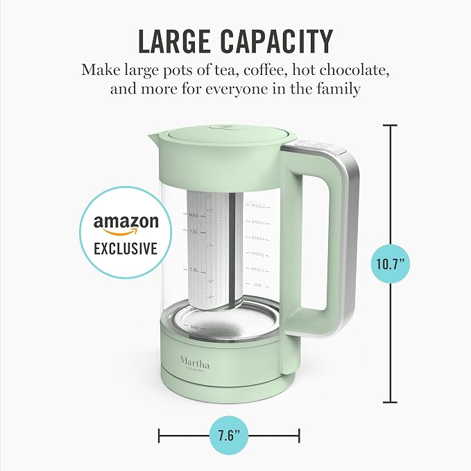 Martha Stewart 1.7L Glass Carafe Electric Kettle with Removable Tea Infuser | 7 Cups, 4 Presets, Rapid Boiling, Stainless Steel Tea Leaf Infuser, Cordless Swivel Base, Keep Warm, Auto Shut-Off, Honeydew