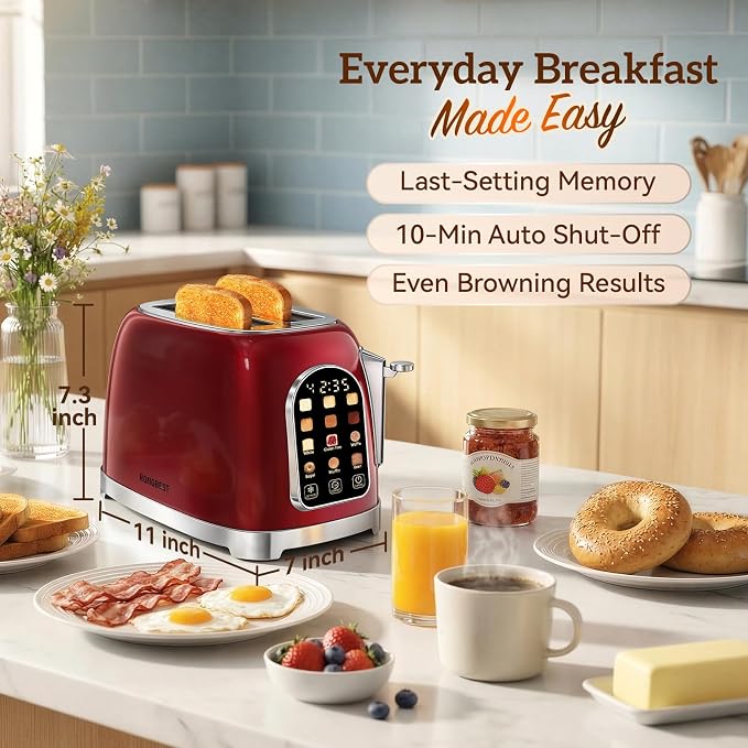 RONGBEST Retro Stainless Steel 2 Slice Toaster with Touchscreen Wide Slot for Family Breakfast Bagel & Bread, Reheat & Defrost, 6 Browning Levels, Removable Crumb Tray, Red Pearl