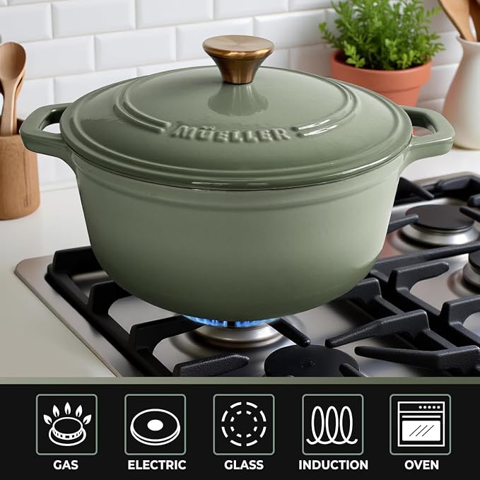 MUELLER HOME 4.5 Quart Enameled Cast Iron Dutch Oven For Sourdough Bread Baking, Heavy-Duty, Oven-Safe up to 500° F & Across All Cooktops, Casserole Dishes, Green Kitchen Accessories, Thyme Green | For Sourdough Bread Baking, Heavy-Duty, Oven-Safe up t...