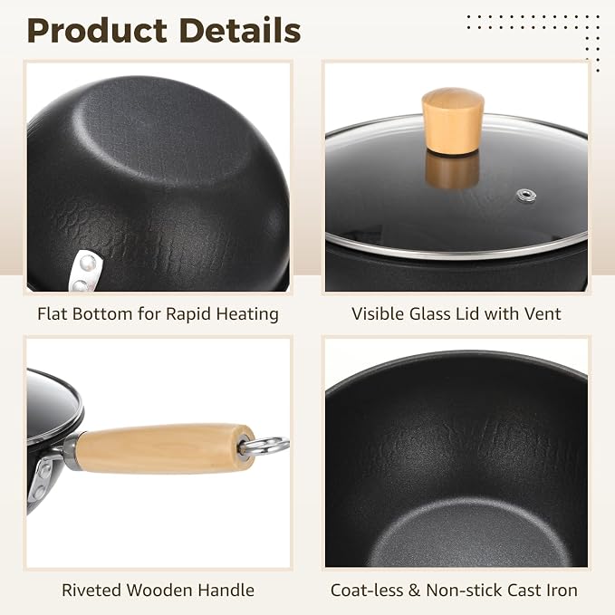 Small Wok with Lid, Mini Wok, 8" Non-stick Mini Frying Pan, Compact, Coating-less, Cast Iron Wok with Wooden Handle, Compatible with Induction, Gas, Ceramic Stove