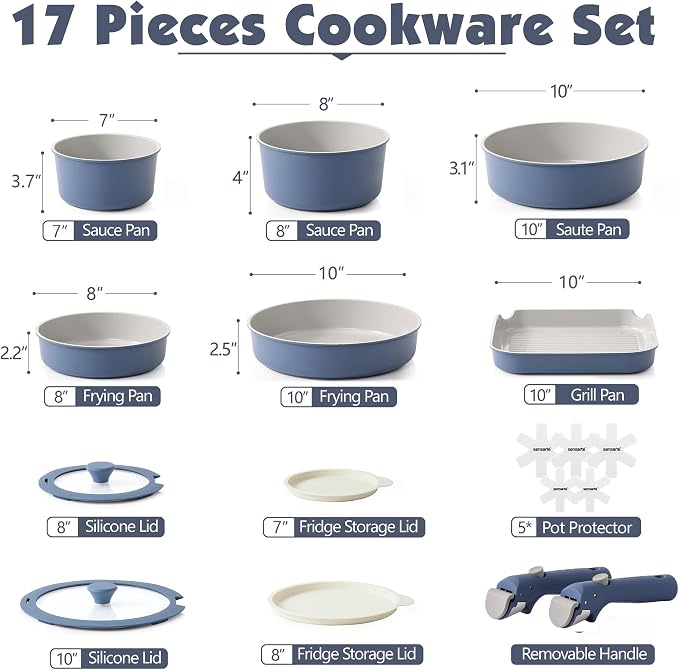 SENSARTE 17 Piece Ceramic Detachable Handle Pots and Pans Set Navy | Ceramic Cookware Set, Induction Cookware Set with Removable Handle, Healthy Non Stick for RV, Dishwasher ＆ Oven Safe